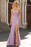 Vestido largo de baile de graduación de sirena azul transparente con cuentas y corte