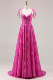 Vestido largo de baile floral Burnot con cuentas en línea A fucsia y encaje en la espalda