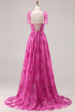Vestido largo de baile floral Burnot con cuentas en línea A fucsia y encaje en la espalda