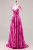Vestido largo de baile floral Burnot con cuentas en línea A fucsia y encaje en la espalda