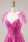 Vestido largo de baile floral Burnot con cuentas en línea A fucsia y encaje en la espalda