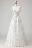 Corsé de tul bordado blanco Tirantes finos Vestido de novia largo con moño