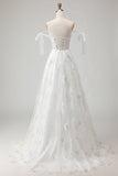 Corsé de tul bordado blanco Tirantes finos Vestido de novia largo con moño