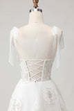 Corsé de tul bordado blanco Tirantes finos Vestido de novia largo con moño