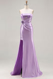 Vestido largo de graduación de sirena morado 3D con lentejuelas y tirantes
