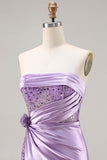 Vestido largo de graduación de sirena morado 3D con lentejuelas y tirantes