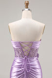 Vestido largo de graduación de sirena morado 3D con lentejuelas y tirantes