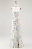 Vestido de invitada de boda de terciopelo sin tirantes con funda de flor azul blanca y quemada con abertura