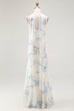 Vestido de invitada de boda de terciopelo sin tirantes con funda de flor azul blanca y quemada con abertura