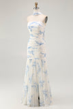 Vestido de invitada de boda de terciopelo sin tirantes con funda de flor azul blanca y quemada con abertura