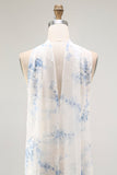 Vestido de invitada de boda de terciopelo sin tirantes con funda de flor azul blanca y quemada con abertura