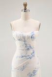 Vestido de invitada a la boda con corsé de terciopelo quemado de funda de flor azul blanca