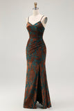 Vestido maxi de terciopelo con tirantes finos verde oscuro y abertura
