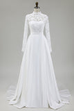 Marfil Vestido de novia de satén de cuello alto con encaje