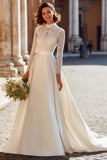 Marfil Vestido de novia de satén de cuello alto con encaje