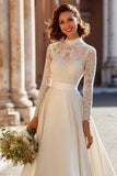 Marfil Vestido de novia de satén de cuello alto con encaje