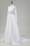 Marfil Vestido de novia de satén de cuello alto con encaje