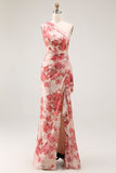 Vestido de invitada a boda con un solo hombro floral champán con abertura