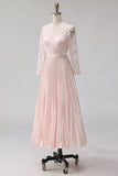 Vestido de midi midi plisado rosa rosa rubor con encaje