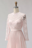 Vestido de midi midi plisado rosa rosa rubor con encaje