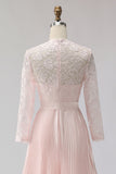 Vestido de midi midi plisado rosa rosa rubor con encaje