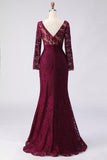 Vestido largo de madre de la novia con encaje cabernet con escote en V y escote en V