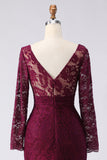 Vestido largo de madre de la novia con encaje cabernet con escote en V y escote en V