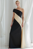 Vestido de noche de satén de un hombro en blanco y negro