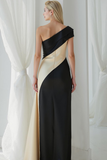 Vestido de noche de satén de un hombro en blanco y negro