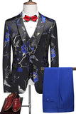 Solapa de muesca azul Trajes de fiesta de jacquard de 3 piezas para hombre