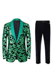 Chal de jacquard verde de 2 piezas con solapa para hombres Trajes de fiesta