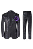 Traje de Graduación para Hombre de 2 Piezas con Solapa con Muescas Negras Brillantes con Flor 3D