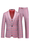 Traje de 3 piezas con solapa de muesca a cuadros rosa y un botón para hombre