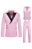 Trajes de fiesta de 3 piezas con solapa de pico con estampado rosa para hombres