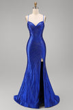 Vestido largo de graduación con tirantes finos de sirena azul real