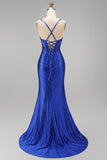Vestido largo de graduación con tirantes finos de sirena azul real