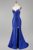 Vestido largo de graduación con tirantes finos de sirena azul real