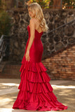 Vestido largo de baile de graduación con corsé de cuentas y sirena roja con volantes