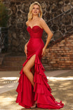 Vestido largo de baile de graduación con corsé de cuentas y sirena roja con volantes