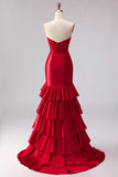 Vestido largo de baile de graduación con corsé de cuentas y sirena roja con volantes
