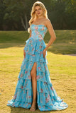 Corsé azul sin tirantes de línea A, vestido largo floral con volantes y abertura