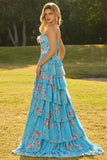 Corsé azul sin tirantes de línea A, vestido largo floral con volantes y abertura