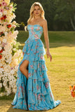 Corsé floral con volantes rosa sin tirantes, vestido largo de graduación con abertura