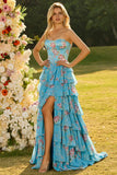 Corsé floral con volantes rosa sin tirantes, vestido largo de graduación con abertura