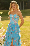 Corsé floral con volantes rosa sin tirantes, vestido largo de graduación con abertura