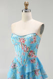 Corsé rosa sin tirantes en línea A, corsé con vestido floral y falda de gasa con volantes