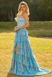 Corsé azul sin tirantes de línea A, vestido largo floral con volantes y abertura