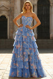 Corsé floral con volantes rosa sin tirantes, vestido largo de graduación con abertura