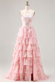 Corsé rosa sin tirantes en línea A, corsé con vestido floral y falda de gasa con volantes