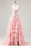Corsé rosa sin tirantes en línea A, corsé con vestido floral y falda de gasa con volantes